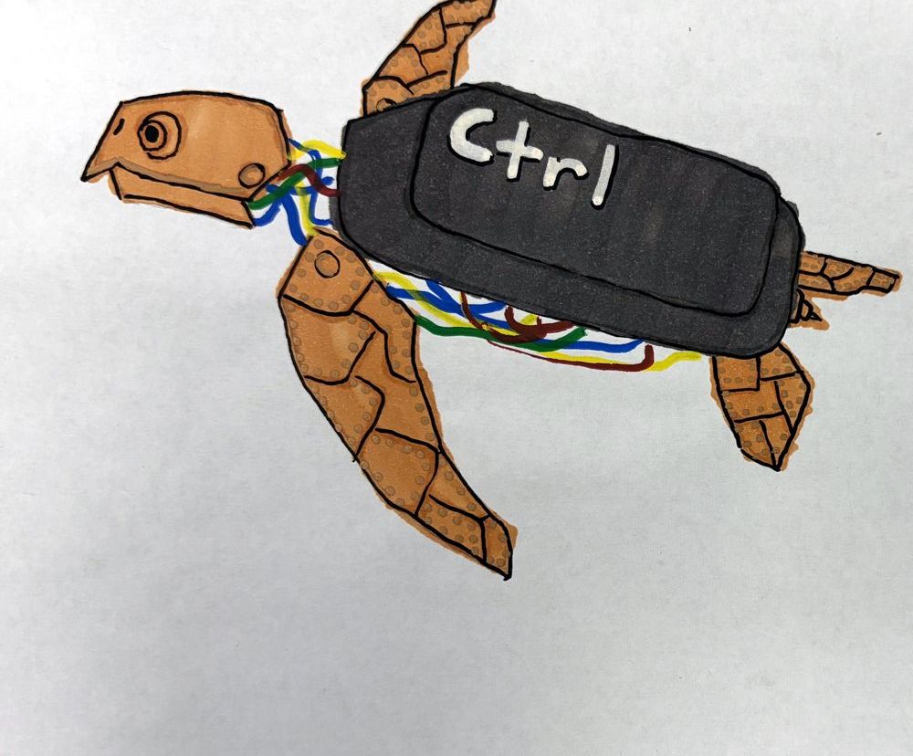 A hand-drawn turtle robot whose shell is a battery labeled Ctrl